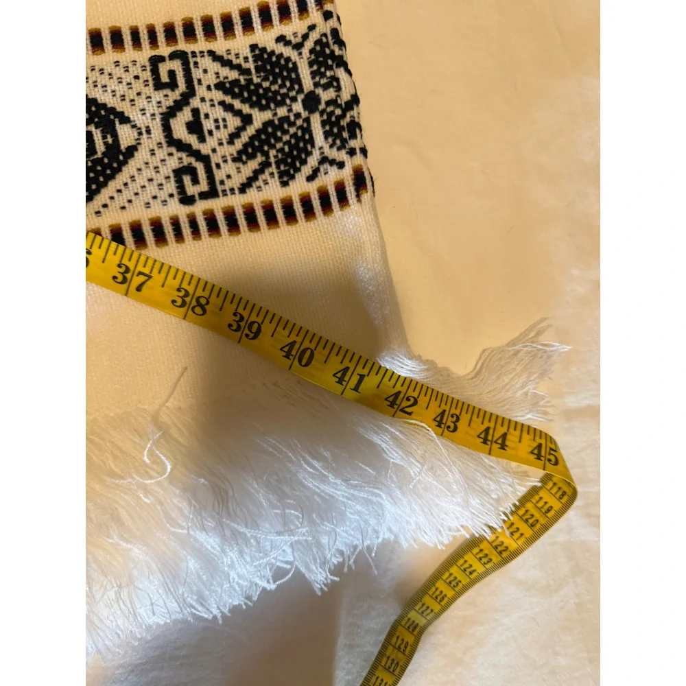 Vintage‎ Style Geometric Fish Print Fringe Poncho Wrap White Black Ochre OS